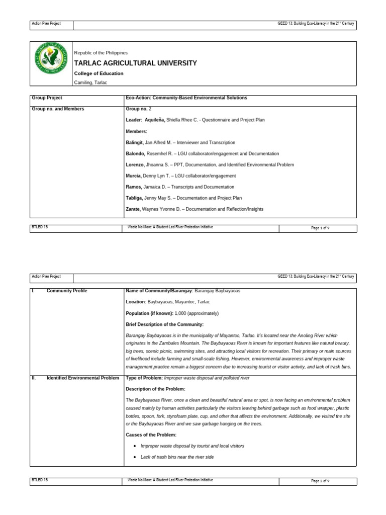 Eco-Literacy Action Plan for River Protection | PDF | Waste | Waste ...