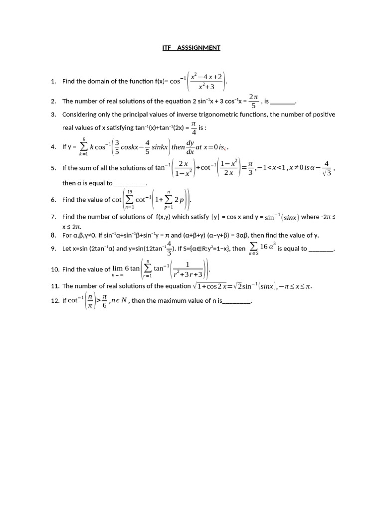Inverse Trigonometric Functions Assignment | PDF | Function ...