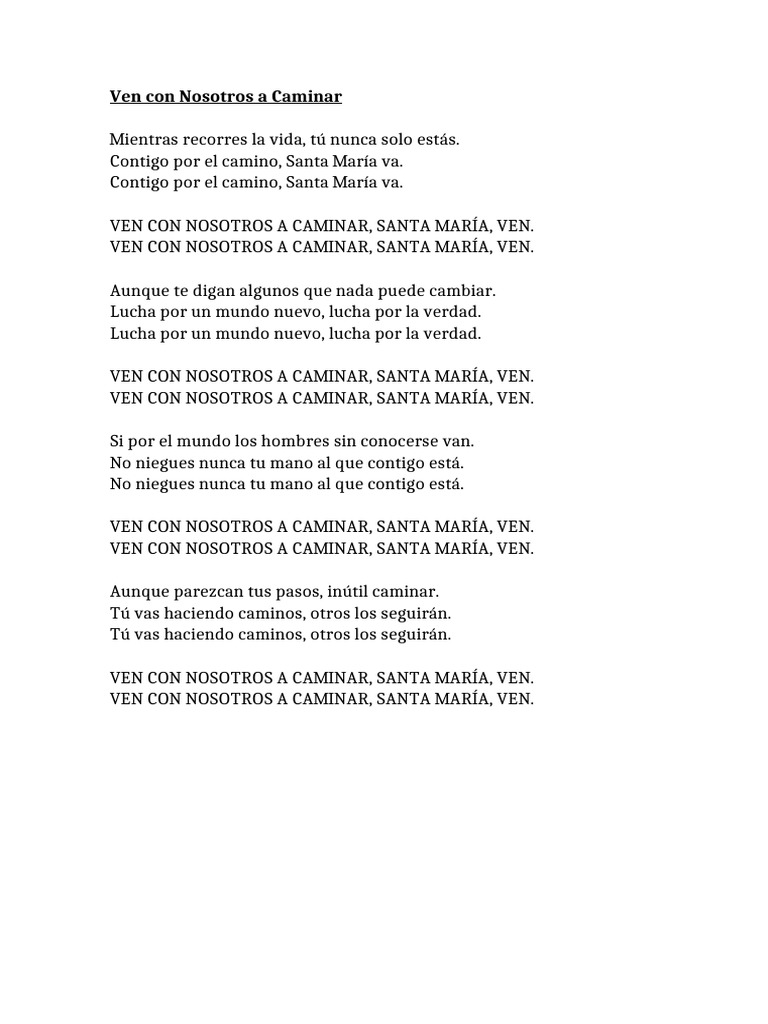 Letra de "Ven con Nosotros a Caminar" | PDF