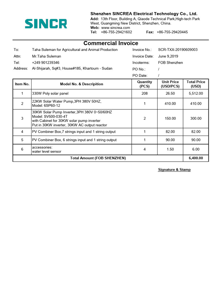 Commercial Invoice for Solar Equipment | PDF | Energy Harvesting ...