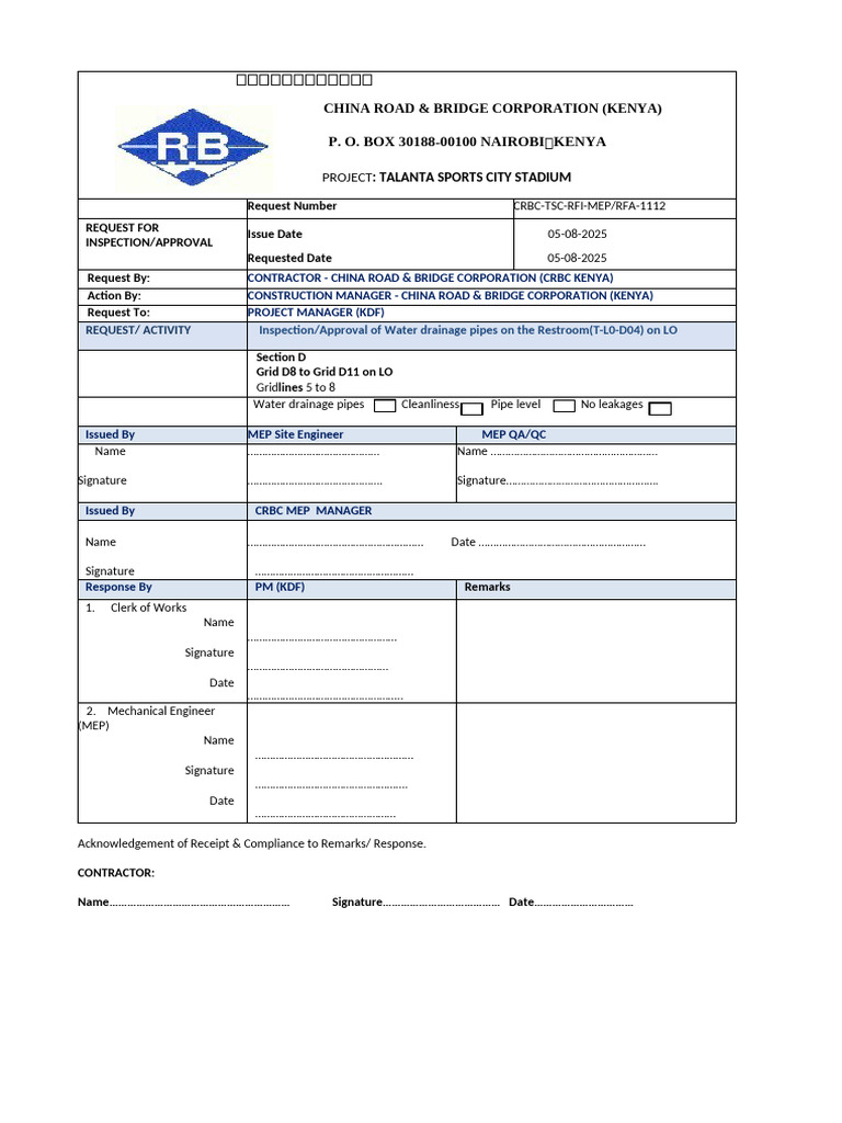 RFI 1112 Water Drainage Pipes On The Restroom (T-L0-D04) On LO | PDF