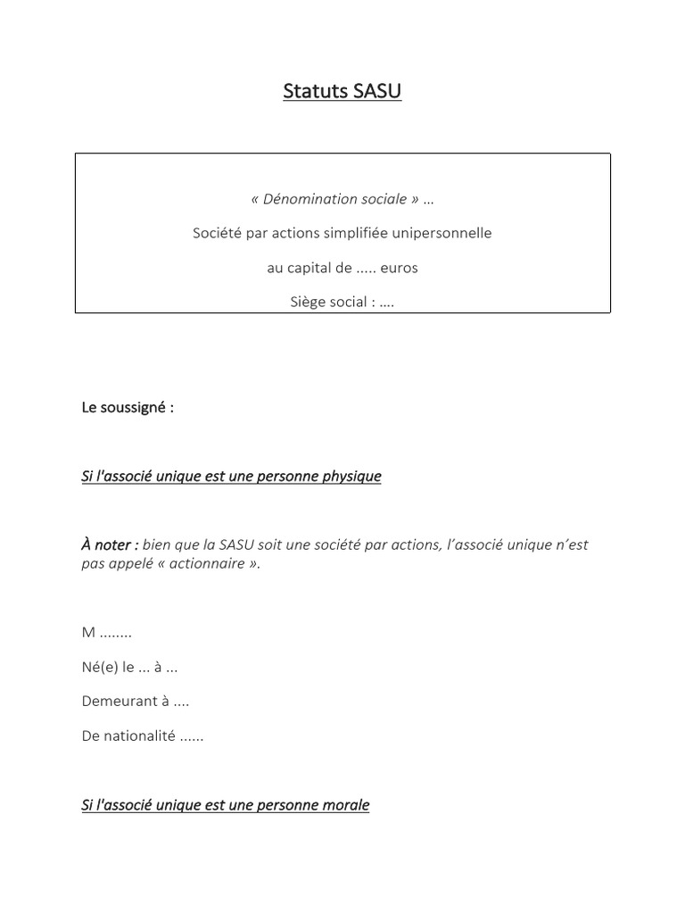 Modèle de statuts SASU à compléter | PDF | Business | Les sociétés