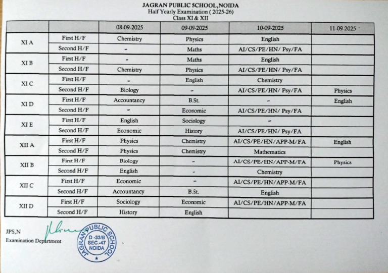 Half Yearly Exam Schedule 2025-26 | PDF
