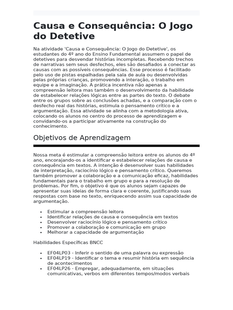 Jogo do Detetive: Causa e Consequência | PDF | Pensamento crítico ...