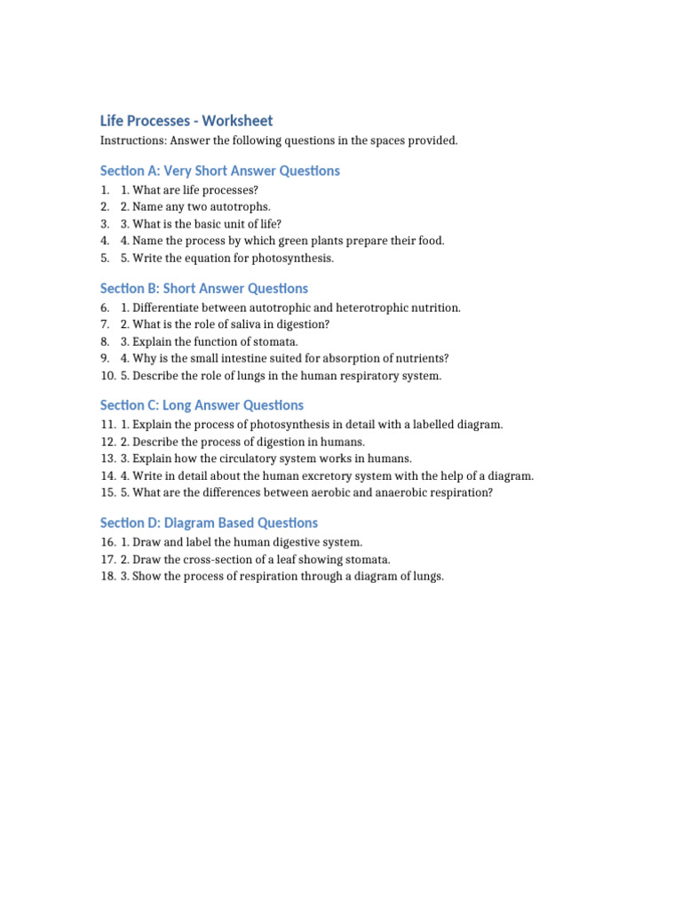 Life Processes Worksheet for Students | PDF