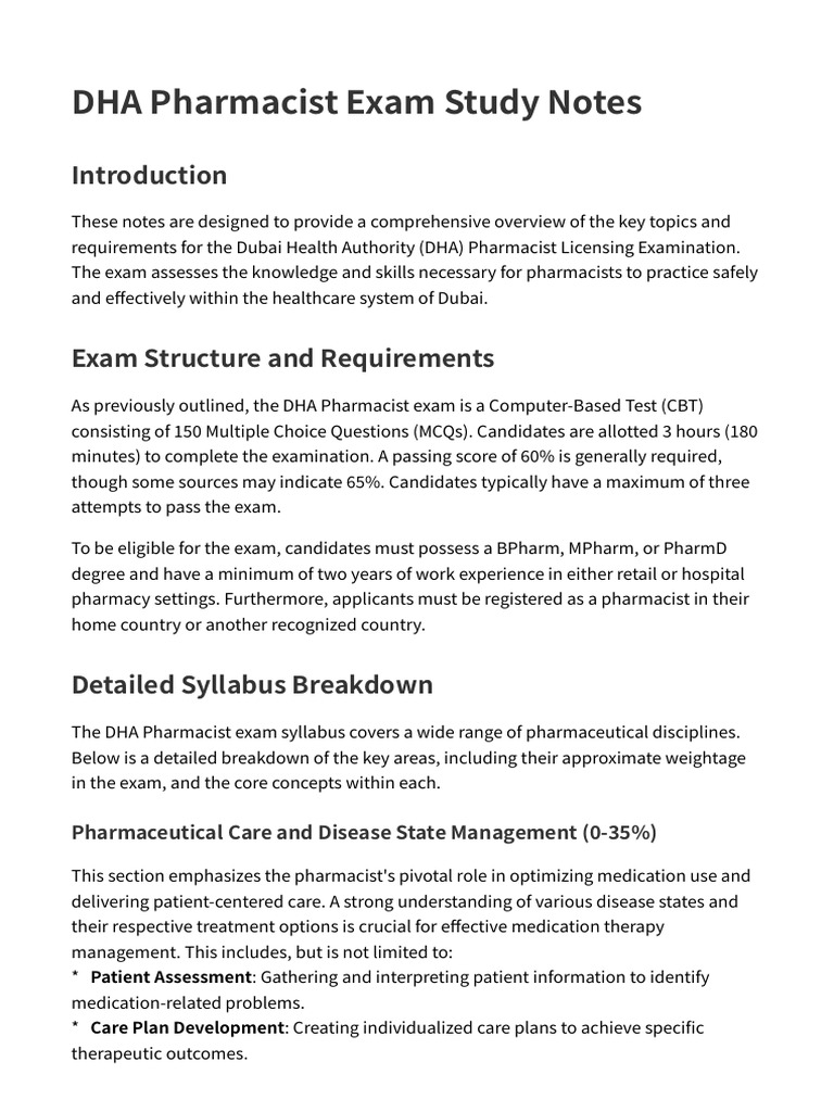 DHA Pharmacist Exam Study Notes Guide | PDF | Pharmacy | Over The ...
