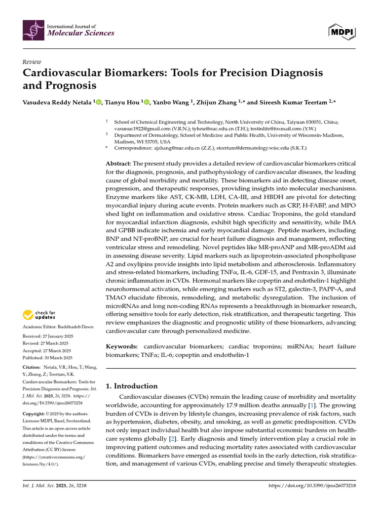 Cardiovascular Biomarkers for Diagnosis | PDF | C Reactive Protein ...
