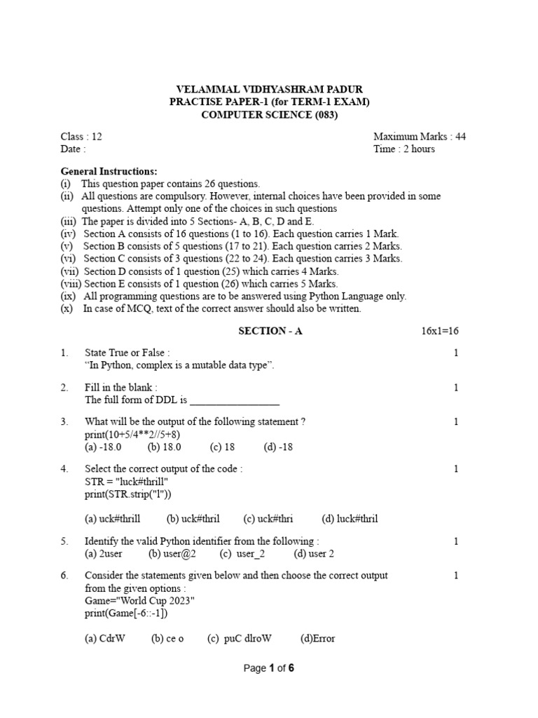 Class 12 Computer Science Practice Paper | PDF | Parameter (Computer ...