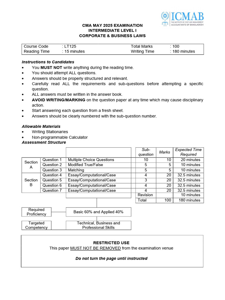 CMA May 2025 Exam: Corporate Laws Guide | PDF | Partnership | Private Law