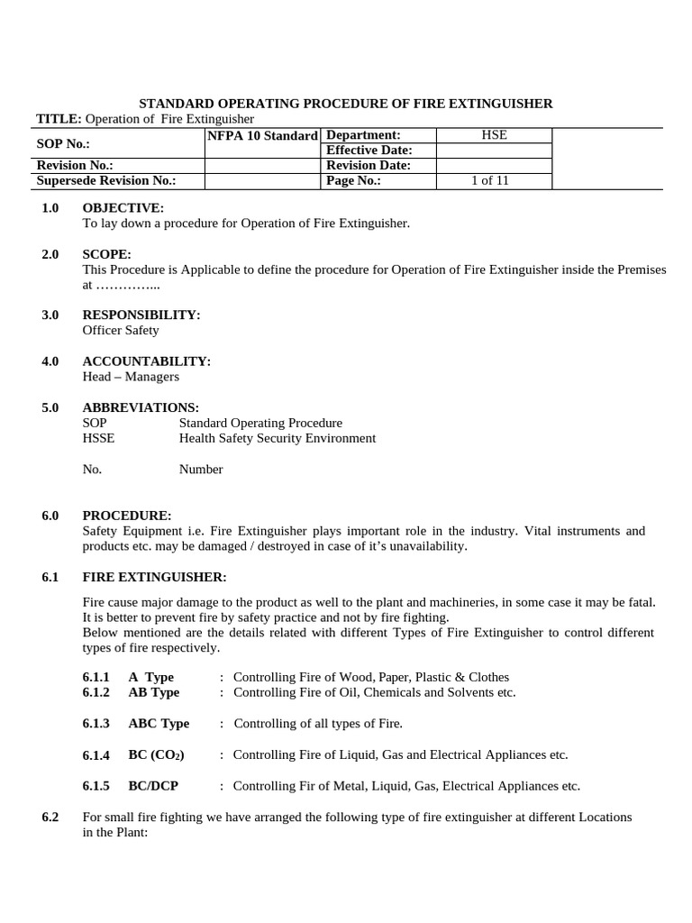 Fire Extinguisher Operation SOP | PDF | Materials