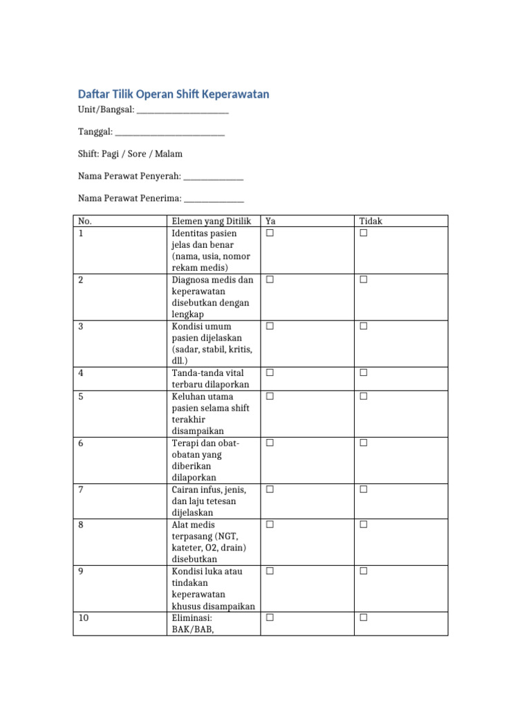 Daftar Tilik Operan Shift Keperawatan | PDF