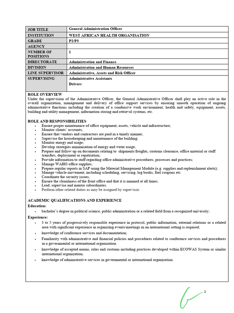 General Administration Officer Role at WAHO | PDF | Knowledge ...