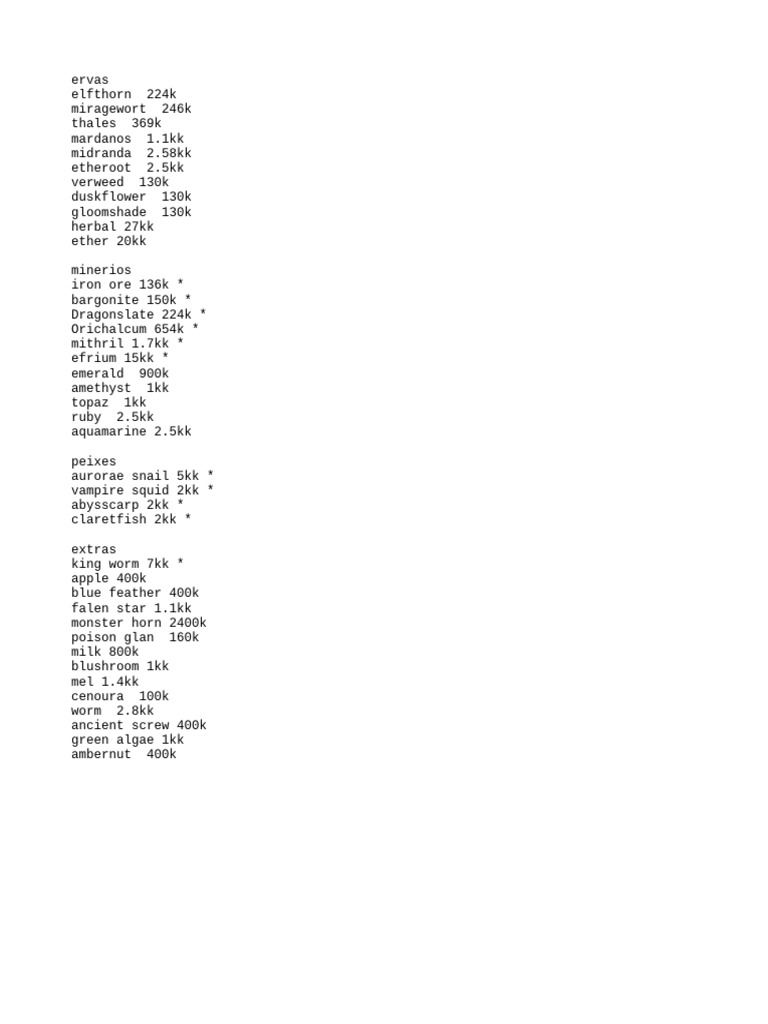 Resource Values and Rarities List | PDF