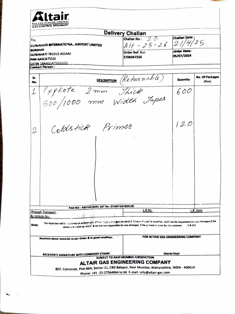Gas Control Delivery Challan Document | PDF