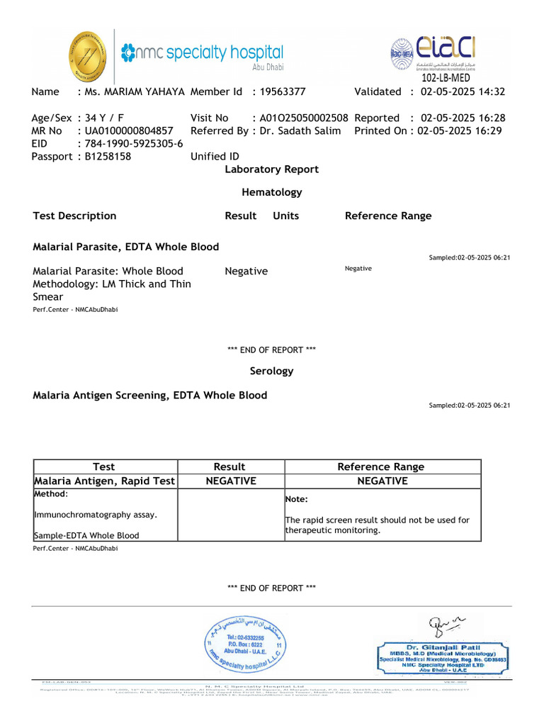 Malaria Test Results for Ms. Mariam Yahaya | PDF