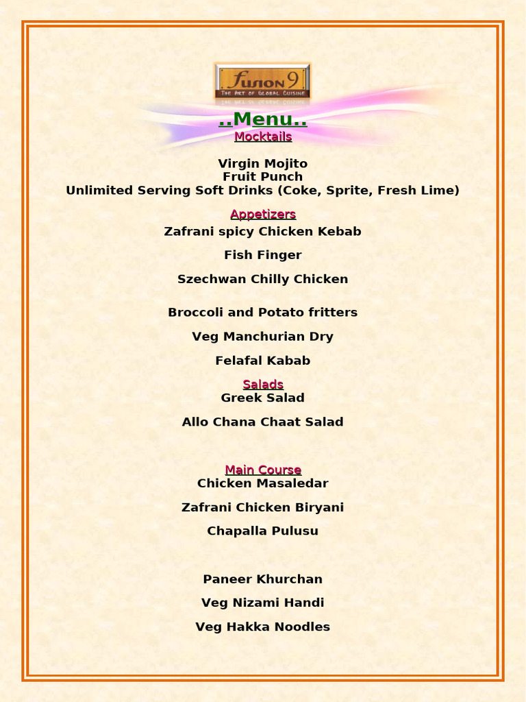 Delicious Mocktail and Meal Menu | PDF