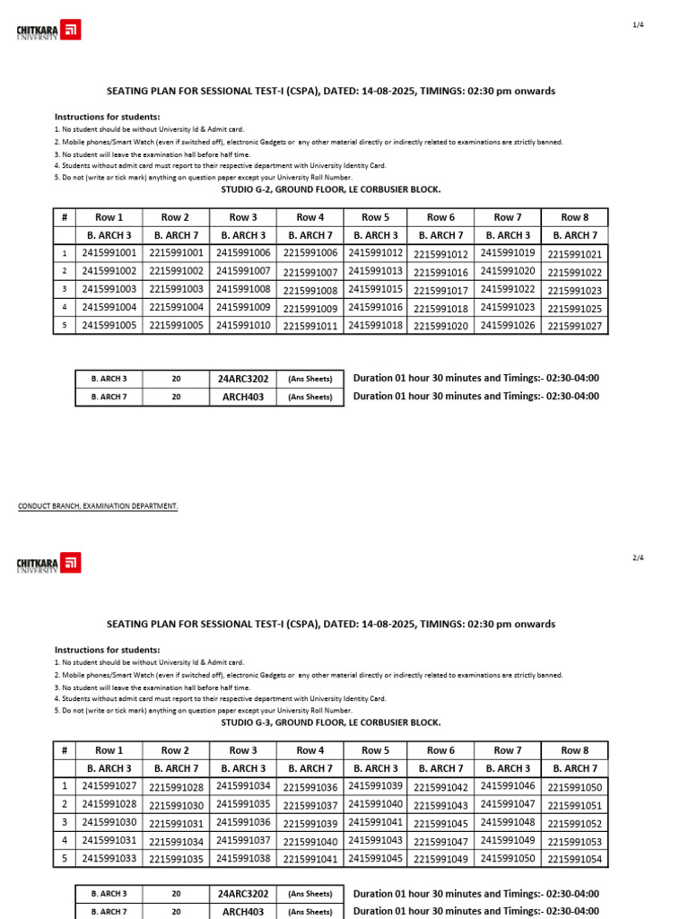 Sessional Test-I Seating Plan 2025 | PDF