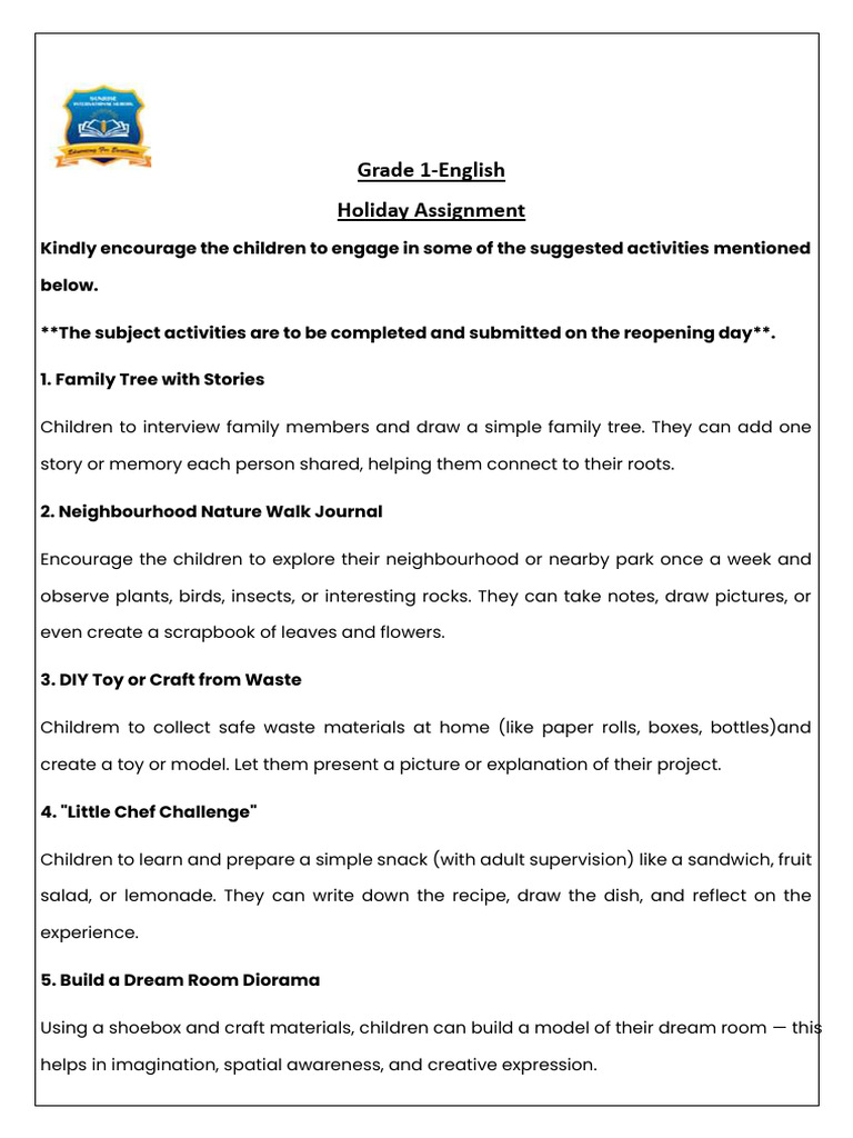 Grade 1 Holiday Assignments 2025-2026 | PDF