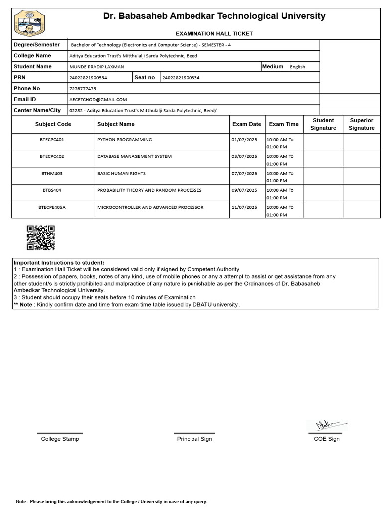 Exam Hall Ticket for B.Tech Students | PDF | Computer Engineering ...