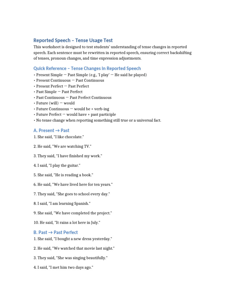 Reported Speech Tense Test | PDF | Perfect (Grammar) | Language Mechanics