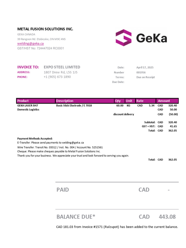 Invoice for Metal Fusion Solutions Services | PDF