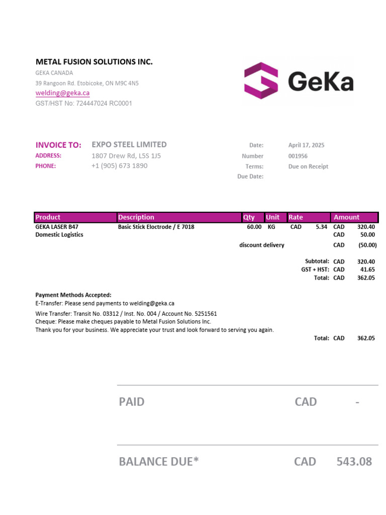 Invoice for Metal Fusion Solutions Services | PDF