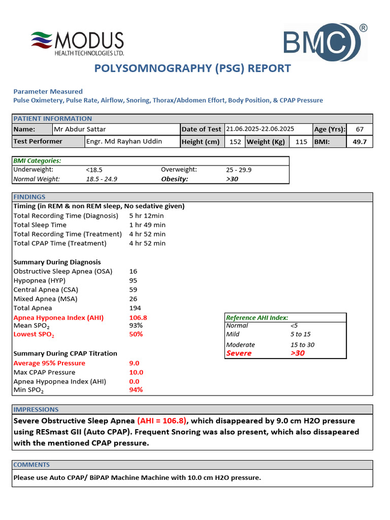 Severe Obstructive Sleep Apnea Report | PDF
