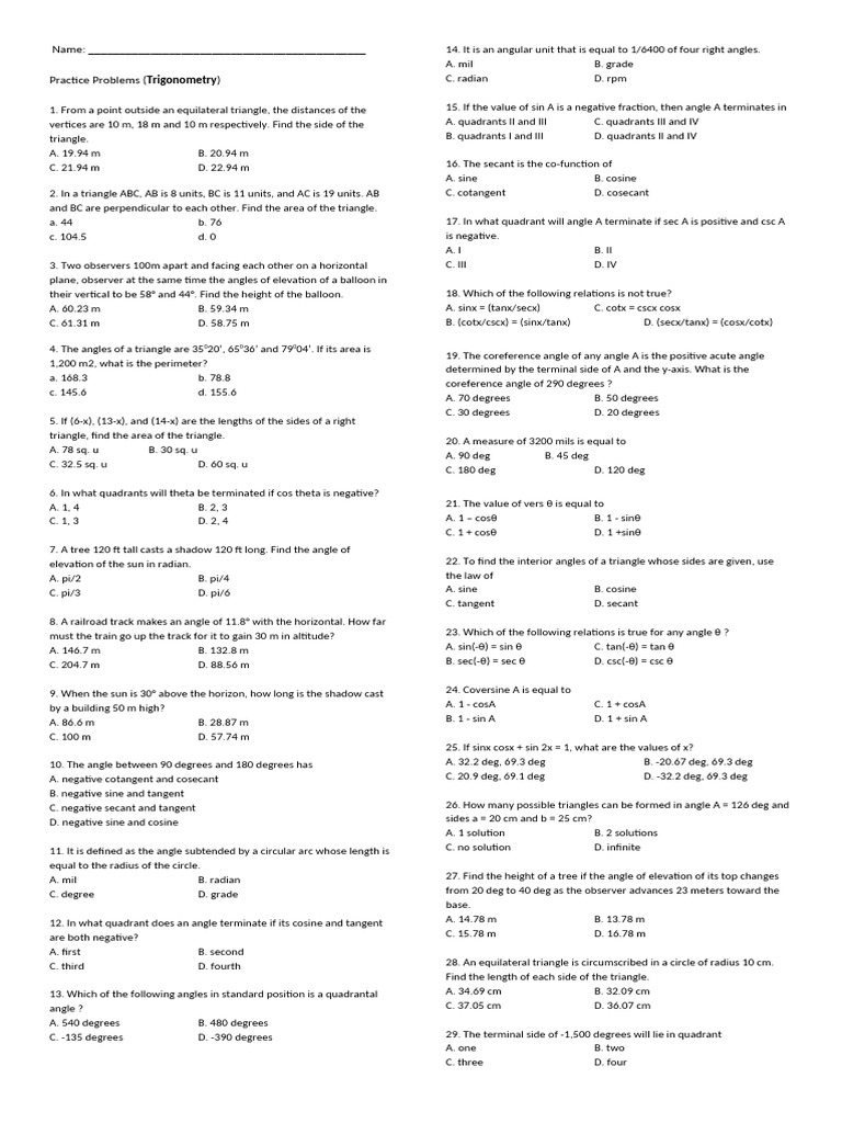 Trigonometry Practice Problems | PDF | Trigonometric Functions | Angle