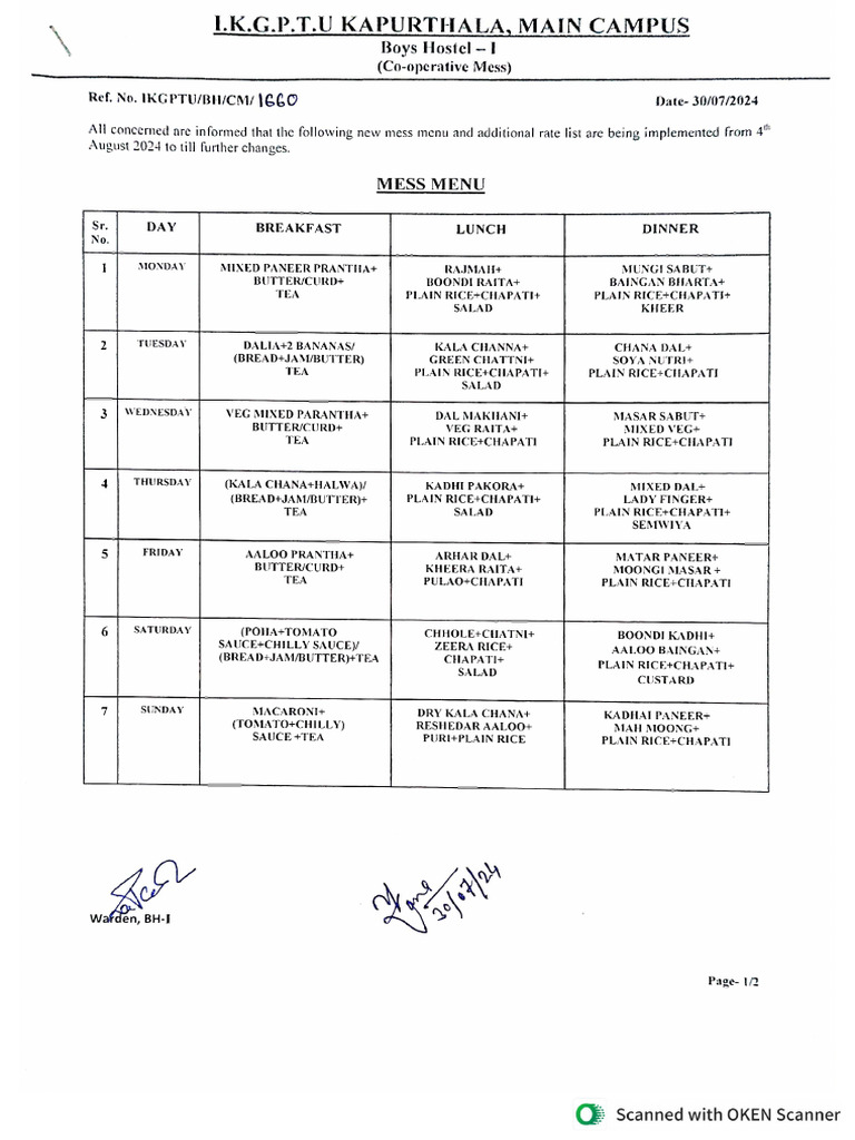 Mess Menu and Extra Rate List | PDF