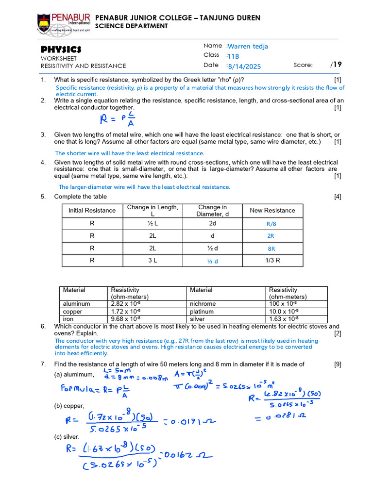 Resistivity and Resistance Worksheet | PDF | Electrical Resistivity And ...
