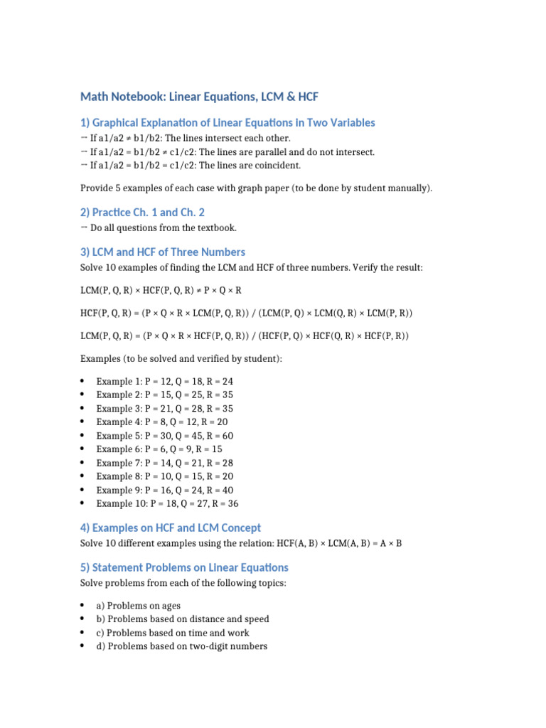 Math Assignment Linear Equations LCM HCF | PDF