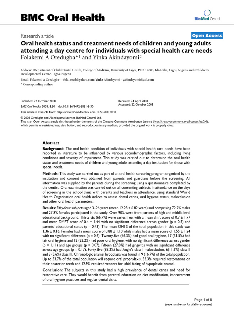 Oral Health Status and Treatment Needs of Children and Young Adults ...
