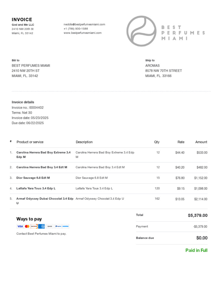 Invoice for Best Perfumes Miami | PDF