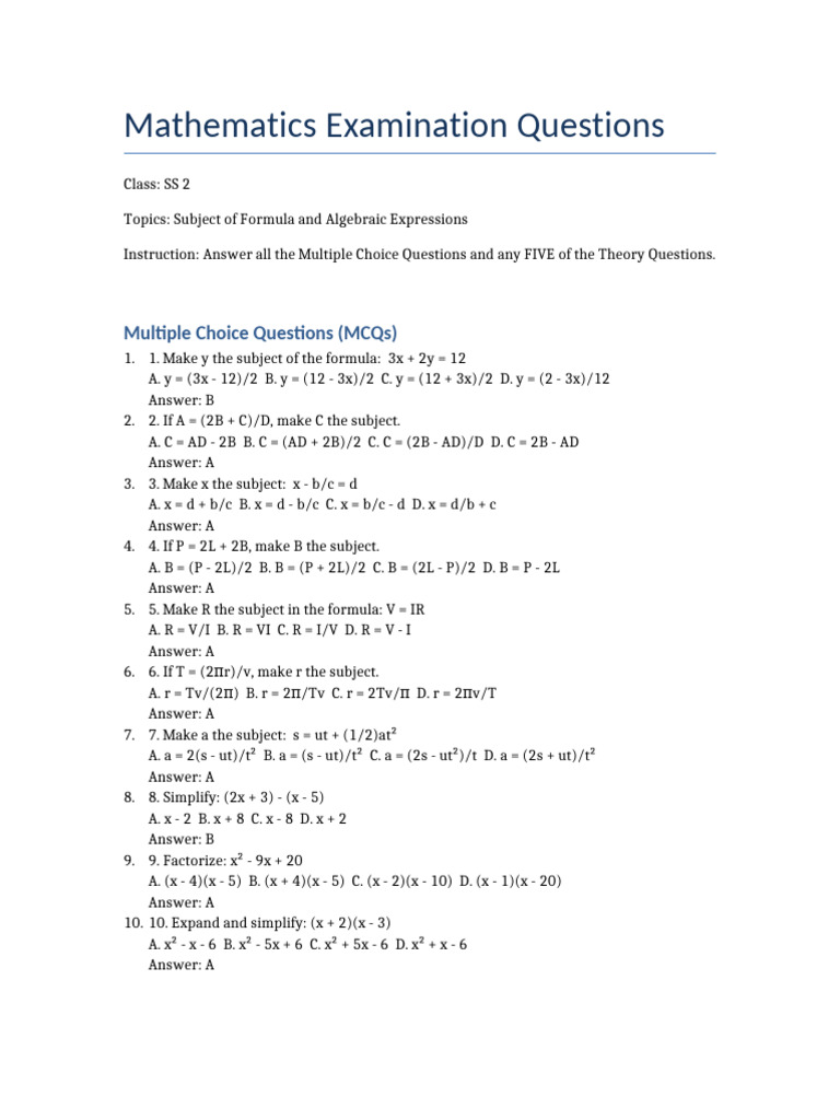 SS2 Math Exam: Formula & Algebra Questions | PDF