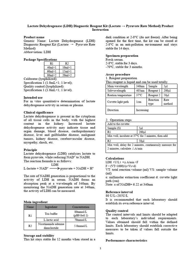 LDH Diagnostic Reagent Kit Instructions | PDF | Lactate Dehydrogenase ...