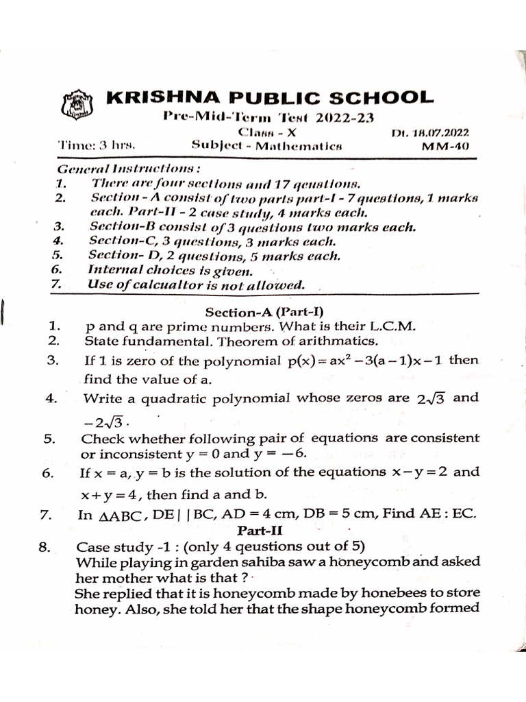 Maths Pre Mid Paper 2022-23 | PDF