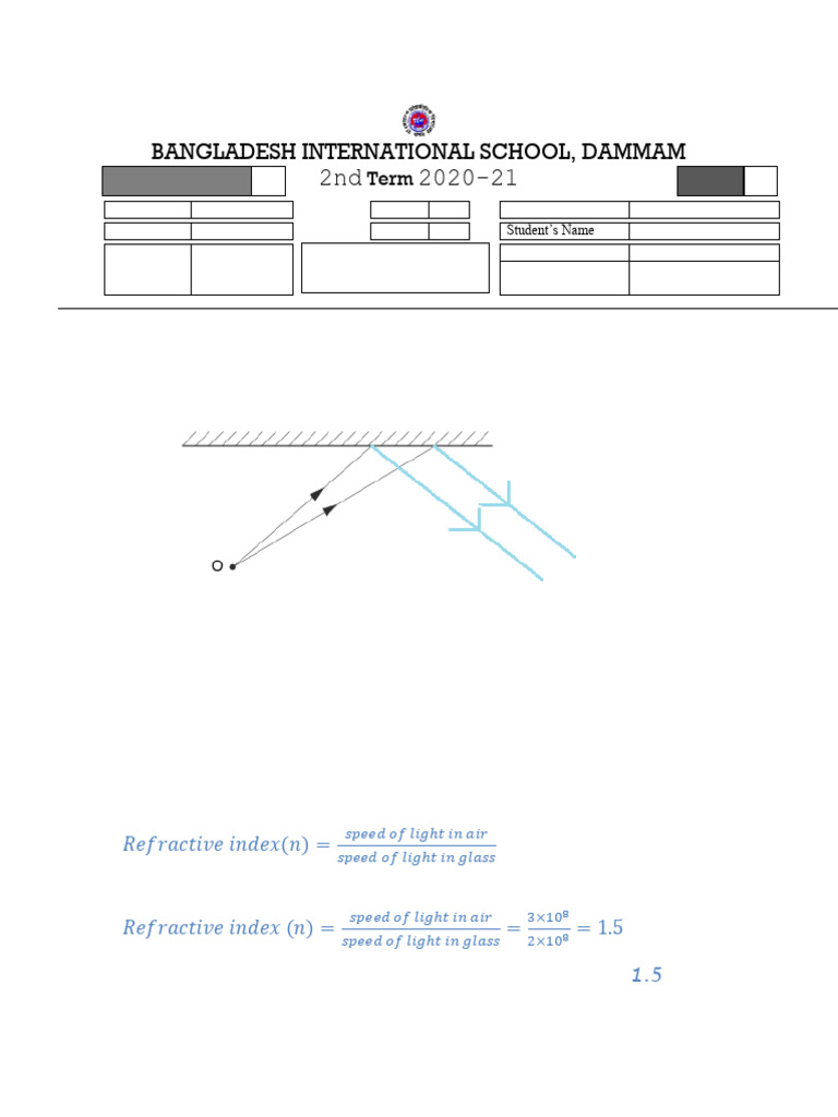 Physics Reflection and Refraction Worksheet | PDF | Refraction | Light