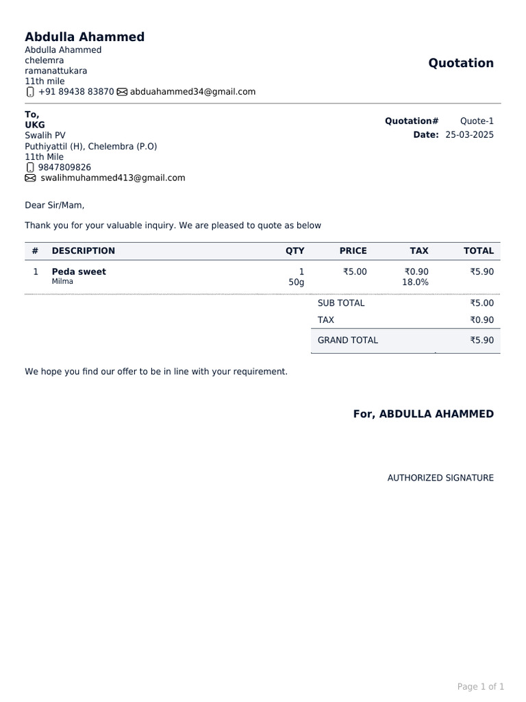 Abdulla Ahammed Quotation: To, UKG Quotation# Date: 25-03-2025 | PDF
