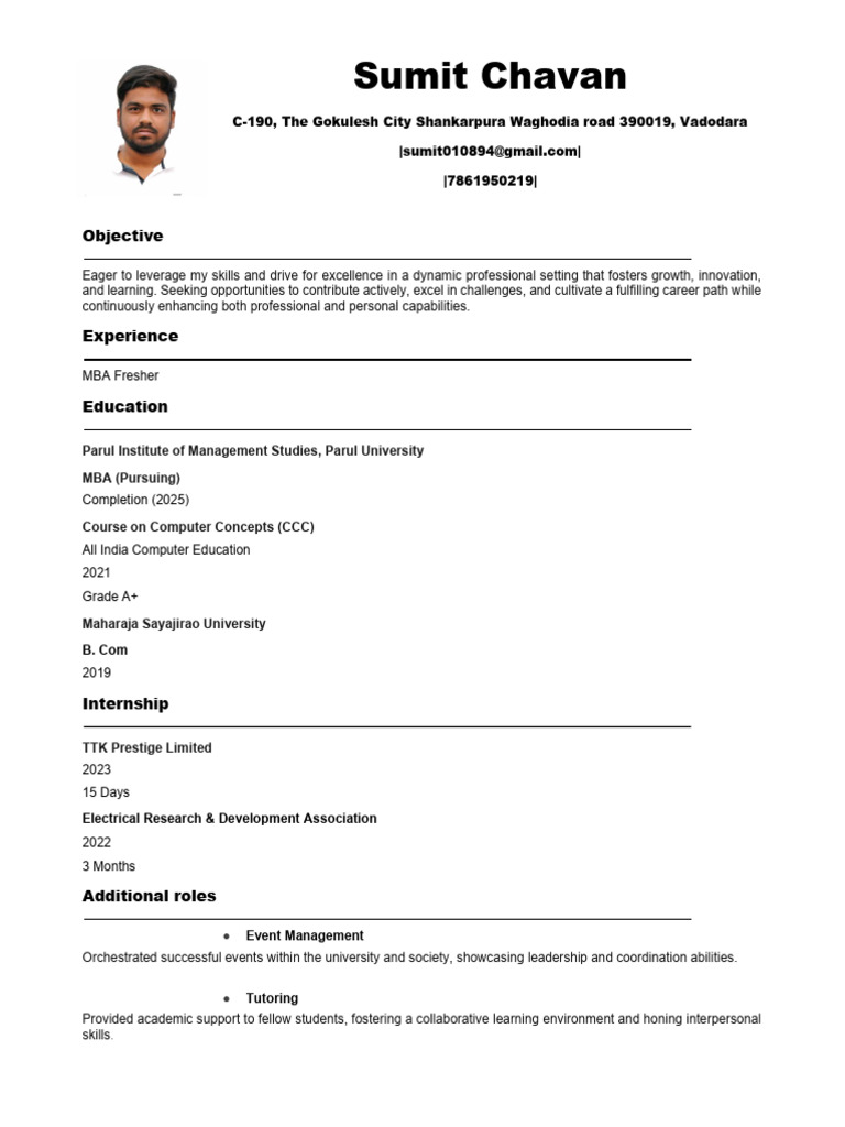 Sumit Chavan Resume - Sumit Sushil Chavan | PDF | Learning