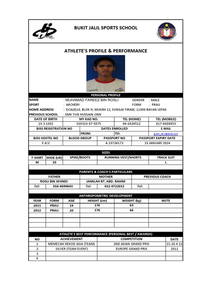 Biodata Atlet 2012 | PDF