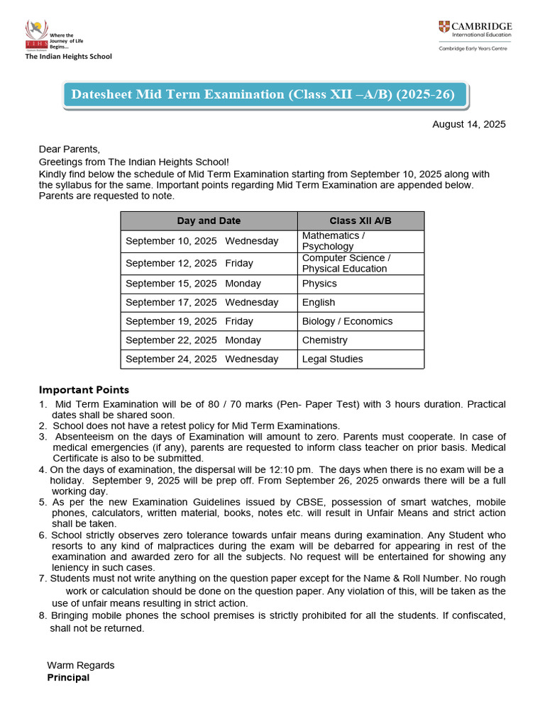 CBSE Class 12 Mid Term Exam Schedule 2025 | PDF