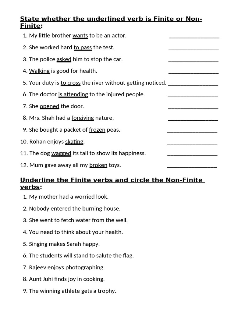 Finite and Non-Finite Verbs Worksheet | PDF | Semantic Units | Language ...