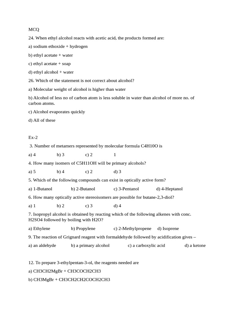Alcohol and Ester Reactions MCQs | PDF | Ethanol | Aldehyde