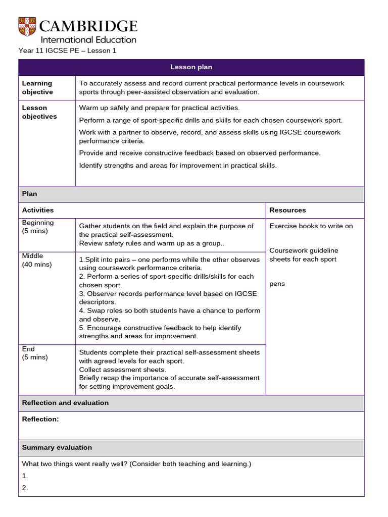 IGCSE PE Year 11 Lesson Plan: Self-Assessment | PDF | Lesson Plan