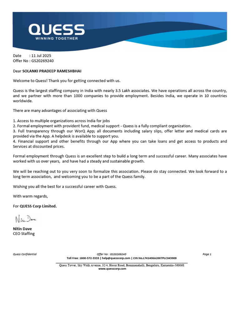 Conditional Job Offer from Quess Corp | PDF | Background Check | Qr Code