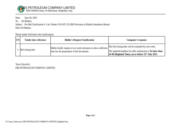 EBS Petroleum Tender Clarification Notice | PDF