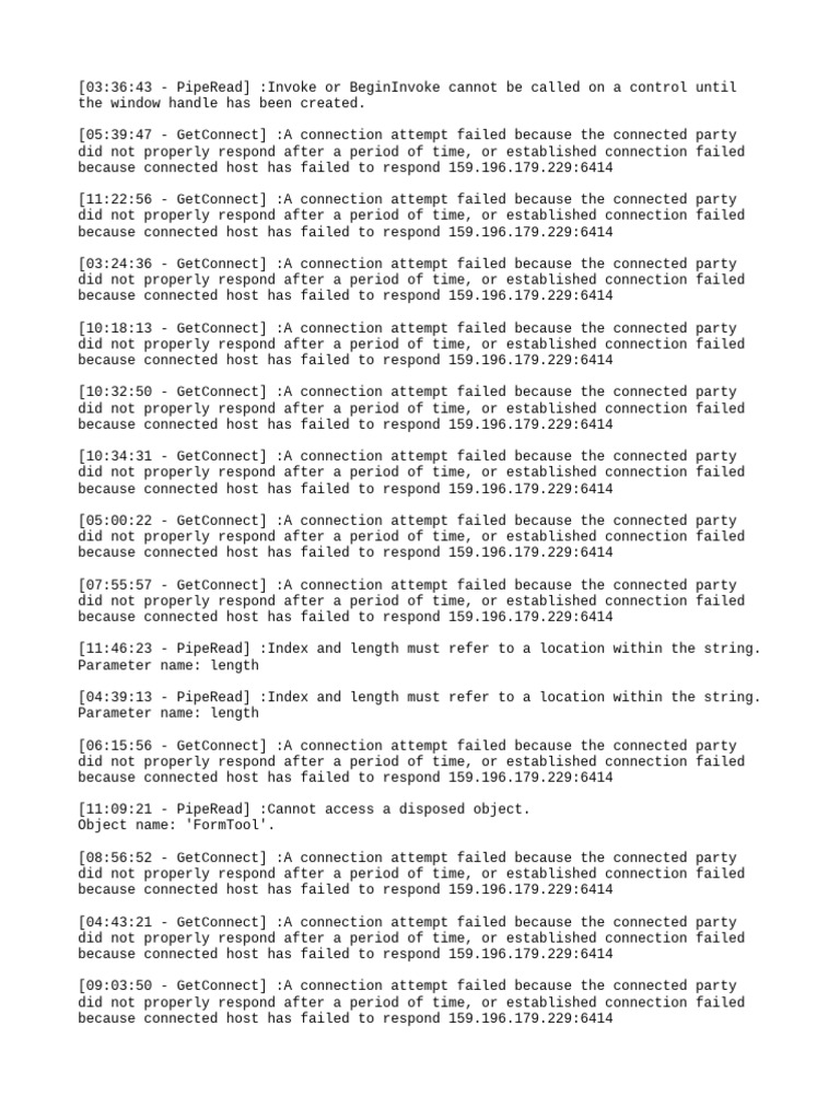 Connection Errors and Exceptions Log | PDF | Parameter (Computer ...