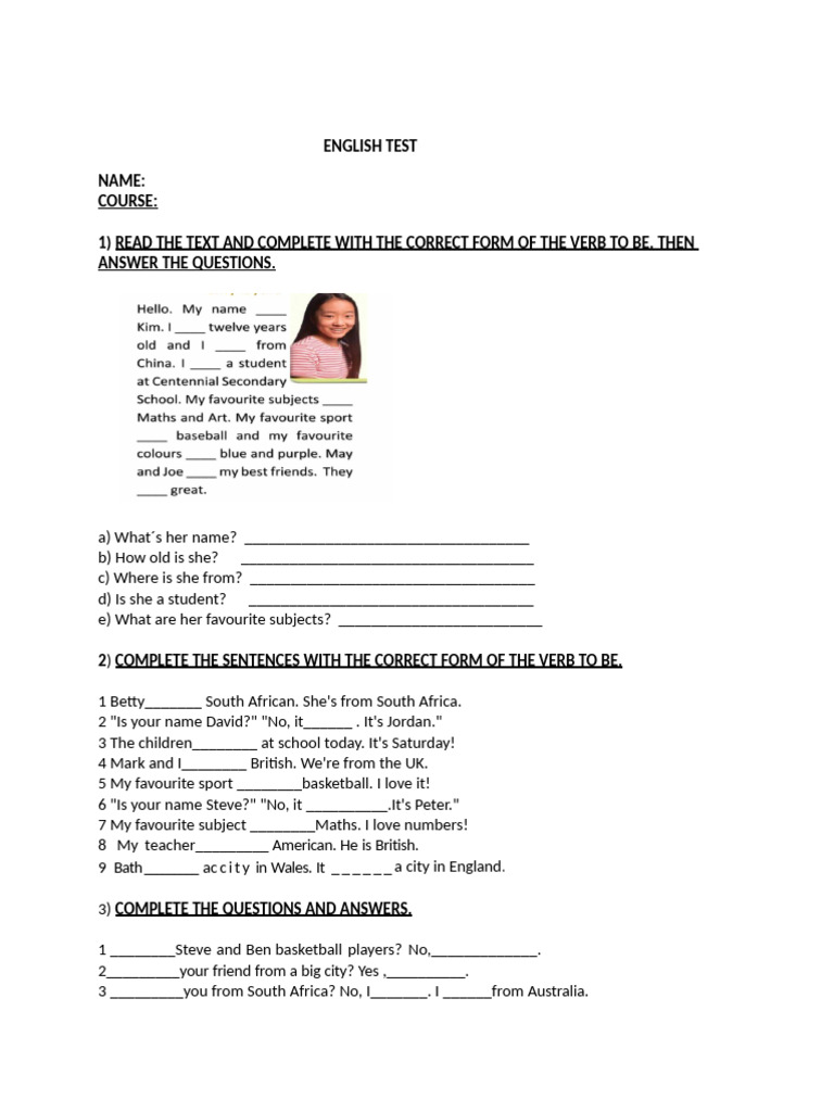 English Verb To Be Test Worksheet | PDF