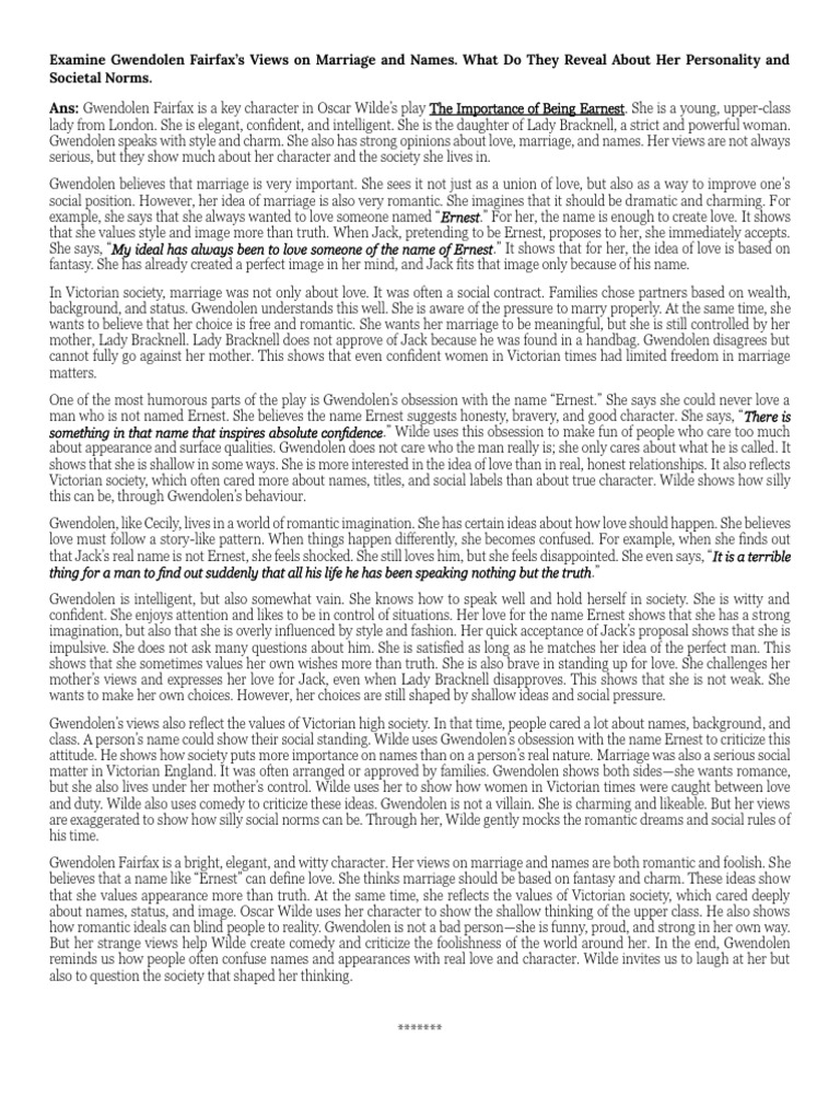 Examine Gwendolen Fairfax’s Views on Marriage and Names. What Do They