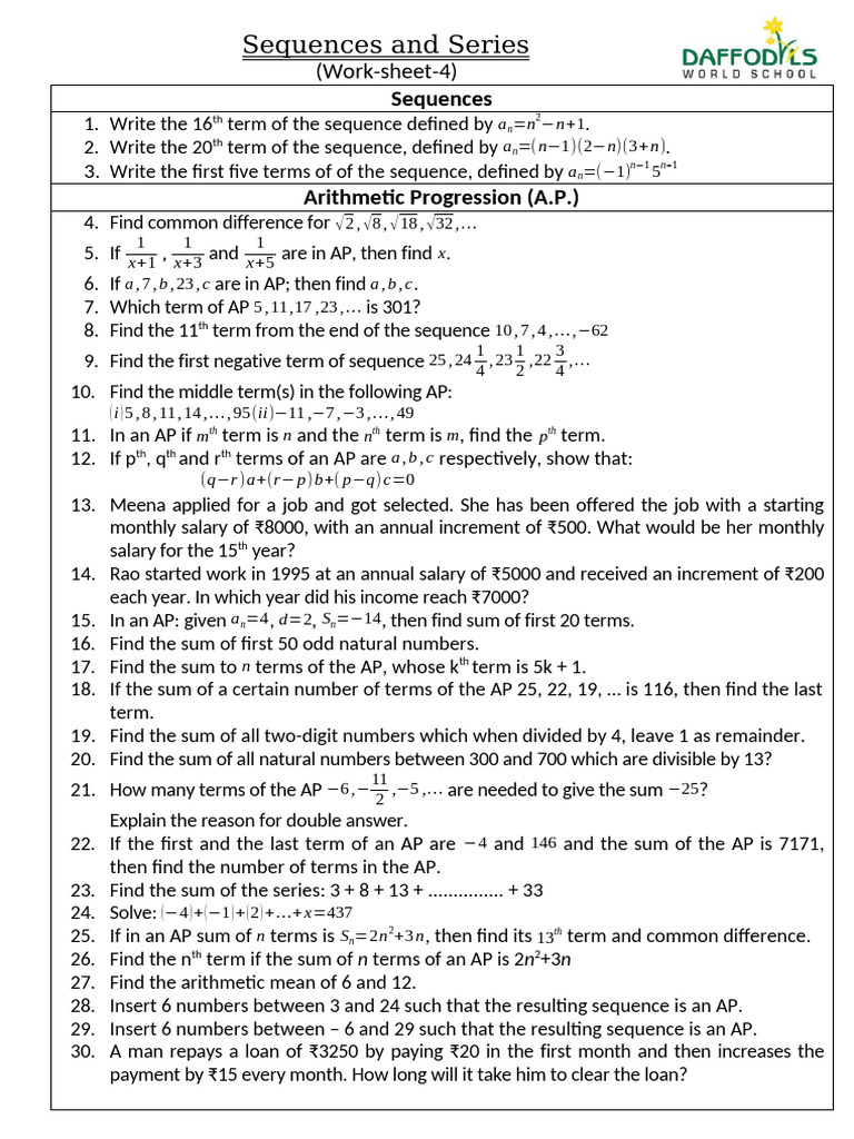 Worksheet-Sequence and Series | PDF | Mathematical Analysis | Mathematics